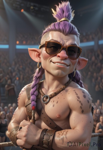 solo,long hair,looking at viewer,smile,1boy,holding,jewelry,nipples,upper body,weapon,purple hair,braid,male focus,earrings,teeth,solo focus,pointy ears,artist name,holding weapon,grin,blurry,twin braids,bracelet,single braid,muscular,blurry background,sunglasses,black nails,freckles,hoop earrings,realistic,bracer,hair pulled back,crowd,collarbone,necklace,lips,tattoo,fangs,piercing,pectorals,muscular male,veins,topless male,hair tie,manly,fat,chest hair,topknot,fat man,mohawk,nose piercing