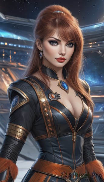 1girl,solo,long hair,breasts,looking at viewer,bangs,blue eyes,brown hair,long sleeves,cleavage,jewelry,medium breasts,closed mouth,upper body,ponytail,earrings,sky,belt,blurry,lips,grey eyes,fur trim,makeup,night,blurry background,high ponytail,lipstick,brooch,gem,star (sky),eyeshadow,starry sky,red lips,eyeliner,large breasts,brown eyes,choker,artist name,realistic