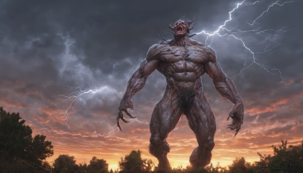 solo,looking at viewer,open mouth,1boy,standing,male focus,thighs,outdoors,horns,sky,teeth,cloud,tree,pubic hair,no humans,muscular,glowing,thick thighs,abs,cloudy sky,muscular male,nature,glowing eyes,claws,forest,veins,sunset,monster,giant,lightning,demon,full body,nude,completely nude,pectorals,sharp teeth,no pupils,horror (theme)