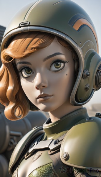 1girl,solo,breasts,looking at viewer,smile,short hair,brown hair,cleavage,brown eyes,green eyes,upper body,small breasts,orange hair,armor,mole,blurry,lips,eyelashes,tattoo,makeup,cleavage cutout,helmet,shoulder armor,portrait,eyeshadow,freckles,science fiction,curly hair,realistic,nose,bodysuit,close-up,power armor