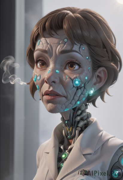 1girl,solo,short hair,brown hair,shirt,brown eyes,upper body,parted lips,teeth,lips,eyelashes,portrait,smoke,science fiction,realistic,nose,labcoat,android,smoking,cable,cyborg,robot joints,mechanical parts,glowing,looking up,robot,joints,damaged