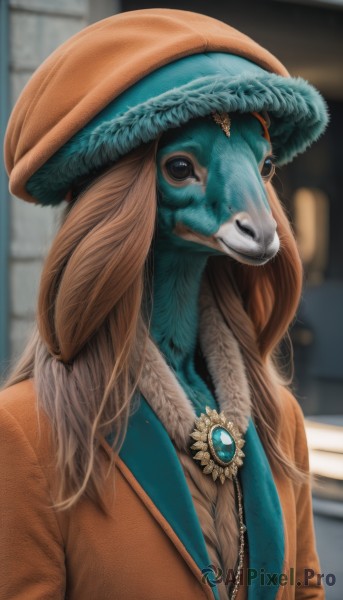 solo,long hair,looking at viewer,hat,brown eyes,jewelry,jacket,upper body,artist name,necklace,blurry,black eyes,no humans,depth of field,blurry background,animal,feathers,brooch,gem,furry,realistic,1girl,brown hair,closed mouth,mole,vest,fur trim,mole under mouth,dog,brown jacket