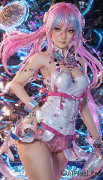 1girl,solo,long hair,breasts,looking at viewer,smile,bangs,blue eyes,cleavage,hair between eyes,bare shoulders,twintails,jewelry,medium breasts,closed mouth,blue hair,standing,pink hair,multicolored hair,cowboy shot,earrings,shorts,sleeveless,belt,nail polish,bracelet,two-tone hair,lips,see-through,hand on hip,wrist cuffs,grey eyes,short shorts,ring,armlet,realistic,braid,thighs,artist name,watermark,zipper