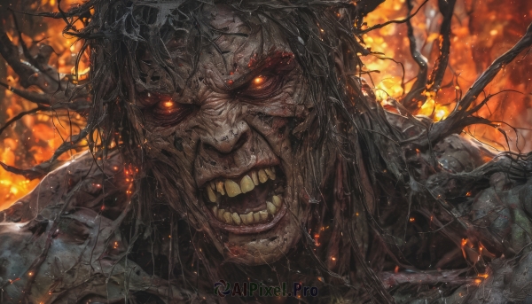 solo,long hair,looking at viewer,open mouth,black hair,red eyes,1boy,weapon,male focus,teeth,armor,orange eyes,blood,glowing,fangs,fire,shoulder armor,portrait,glowing eyes,colored sclera,monster,embers,no humans,veins,realistic,fantasy,branch,antlers,demon