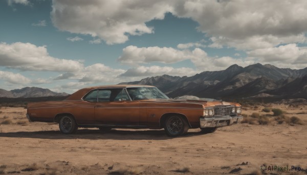 outdoors,sky,day,cloud,blue sky,no humans,shadow,cloudy sky,ground vehicle,scenery,motor vehicle,mountain,car,road,vehicle focus,mountainous horizon,desert,dust,wheel,truck