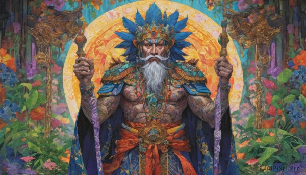 solo,long hair,looking at viewer,1boy,holding,jewelry,closed mouth,standing,flower,white hair,grey hair,male focus,necklace,cape,armor,sash,tattoo,muscular,facial hair,abs,feathers,crown,pectorals,plant,muscular male,staff,gem,beard,mature male,mustache,holding staff,headdress,feather hair ornament,manly,old,blue cape,old man,blue eyes,wide sleeves,ring