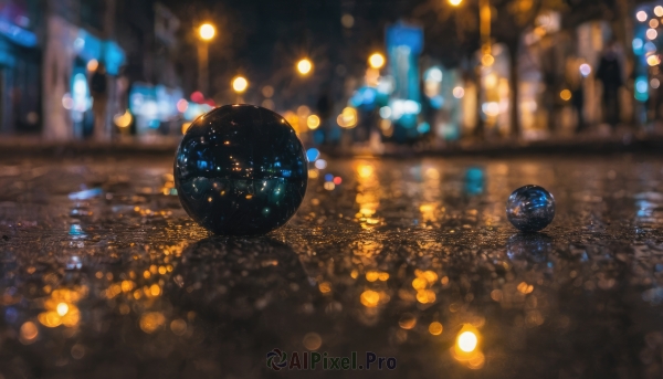 outdoors, sky, blurry, no humans, night, depth of field, blurry background, building, scenery, reflection, city, road, cityscape, bokeh, city lights