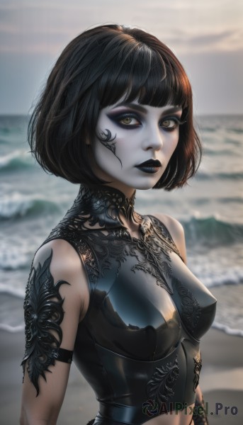 1girl,solo,breasts,looking at viewer,short hair,bangs,black hair,navel,bare shoulders,brown eyes,medium breasts,closed mouth,upper body,small breasts,outdoors,parted lips,sky,sleeveless,day,midriff,artist name,cloud,blunt bangs,blurry,covered nipples,lips,clothing cutout,eyelashes,tattoo,makeup,depth of field,blurry background,colored skin,ocean,beach,bob cut,cloudy sky,lipstick,pale skin,eyeshadow,nose,sand,eyeliner,arm tattoo,grey skin,mascara,gothic,black lips,yellow eyes