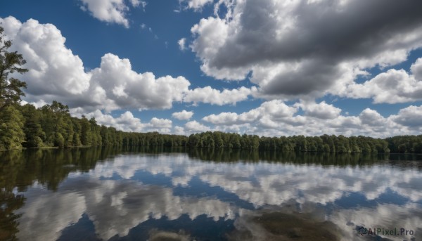 outdoors,sky,day,cloud,water,tree,blue sky,no humans,cloudy sky,nature,scenery,forest,reflection,landscape,lake,reflective water,mountain