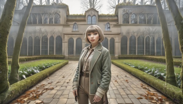 1girl,solo,looking at viewer,short hair,bangs,brown hair,shirt,long sleeves,holding,brown eyes,closed mouth,standing,jacket,white shirt,cowboy shot,outdoors,open clothes,necktie,day,collared shirt,belt,pants,blunt bangs,black eyes,tree,lips,coat,window,dress shirt,bob cut,building,scenery,black necktie,open coat,green jacket,shirt tucked in,road,autumn leaves,grey pants,brown pants,bare tree,grey coat,church,jewelry,earrings,parted lips,signature,open jacket,makeup,leaf,formal,blazer,grass,lipstick,black belt,arms at sides,red lips,wide shot,pavement