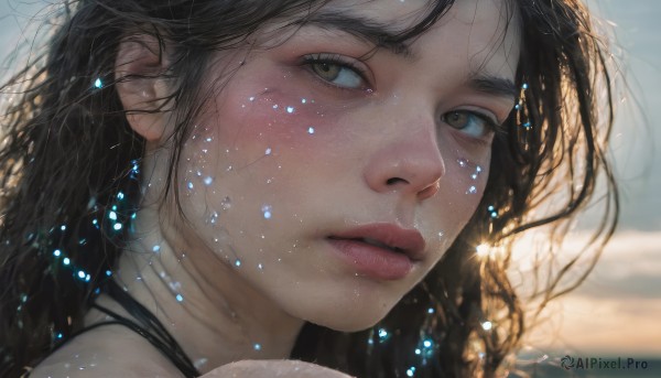 1girl,solo,long hair,looking at viewer,brown hair,black hair,brown eyes,parted lips,teeth,water,mole,blurry,lips,looking to the side,eyelashes,blurry background,portrait,mole under mouth,close-up,freckles,realistic,nose,mole on cheek,bangs,jewelry,earrings,outdoors,sky,cloud,depth of field,messy hair