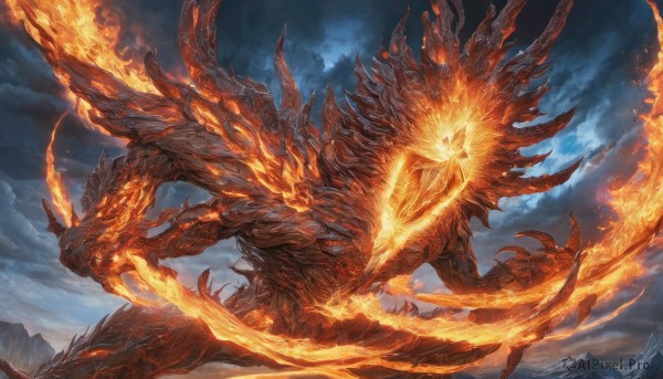 solo,tail,outdoors,wings,horns,sky,teeth,cloud,no humans,glowing,cloudy sky,fire,glowing eyes,claws,monster,mountain,fantasy,dragon,giant,extra arms,molten rock,scenery,breathing fire