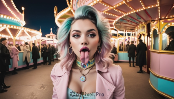 1girl,long hair,breasts,looking at viewer,open mouth,blue eyes,large breasts,black hair,cleavage,jewelry,medium breasts,blue hair,standing,collarbone,jacket,upper body,multicolored hair,earrings,outdoors,multiple boys,open clothes,teeth,solo focus,choker,tongue,tongue out,necklace,two-tone hair,aqua eyes,open jacket,lips,looking to the side,eyelashes,strapless,aqua hair,makeup,night,thick eyebrows,lipstick,gem,licking,faceless,pendant,o-ring,eyeshadow,6+boys,faceless male,hoop earrings,realistic,nose,red lips,eyeliner,neck ring,crowd,long tongue,mascara,blonde hair,shirt,pink hair,sky,artist name,collar,coat,piercing,night sky,forehead,people,blue eyeshadow