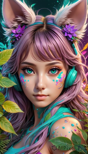 1girl,solo,long hair,breasts,looking at viewer,bangs,hair ornament,animal ears,bare shoulders,closed mouth,green eyes,upper body,pink hair,purple hair,flower,sleeveless,shiny,artist name,cat ears,signature,hair flower,from side,aqua eyes,lips,animal ear fluff,fox ears,eyelashes,makeup,swept bangs,headphones,leaf,watermark,facial mark,tank top,plant,lipstick,portrait,web address,light particles,eyeshadow,freckles,pink lips,realistic,nose,purple flower,eyeliner,whisker markings,facepaint,mascara,blue eyes,brown hair,shirt,star (symbol),blue shirt,headset