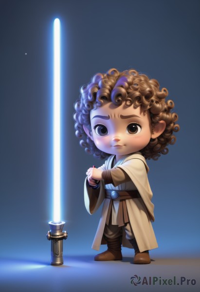 1girl,solo,looking at viewer,smile,brown hair,long sleeves,1boy,brown eyes,jewelry,closed mouth,standing,full body,weapon,male focus,boots,pointy ears,belt,sword,chibi,blue background,brown footwear,curly hair,robe,animification,energy sword,tunic,lightsaber,simple background,holding,blue hair,dark skin,cape,bracelet,afro