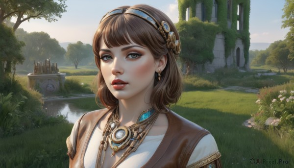 1girl,solo,looking at viewer,short hair,bangs,brown hair,shirt,jewelry,white shirt,upper body,flower,hairband,earrings,outdoors,parted lips,sky,day,medium hair,water,necklace,tree,lips,grey eyes,makeup,grass,building,nature,scenery,forest,realistic,nose,fantasy,clock,red lips,tower,blush,hair ornament,brown eyes,green eyes,cloud,eyelashes,plant,portrait,bush