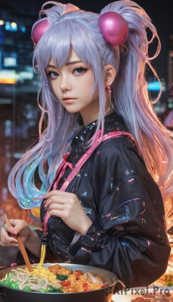 1girl,solo,long hair,looking at viewer,bangs,blue eyes,hair ornament,long sleeves,holding,twintails,jewelry,closed mouth,blue hair,jacket,upper body,earrings,outdoors,food,bag,nail polish,blurry,black eyes,lips,black jacket,fingernails,grey eyes,eyelashes,night,depth of field,blurry background,hair bobbles,bowl,chopsticks,realistic,nose,leather,holding chopsticks,noodles,ramen,ribbon,grey hair,sidelocks,multicolored hair,artist name,from side,two side up,gradient hair,watermark,web address,pink nails,plate,pink ribbon,spoon,holding spoon,bokeh,soup,pasta