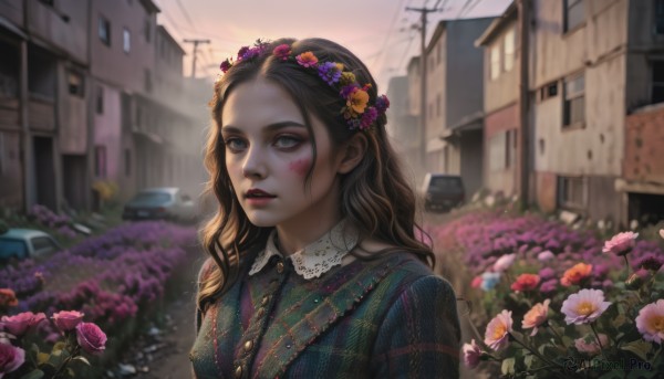 1girl,solo,long hair,brown hair,shirt,hair ornament,dress,upper body,flower,outdoors,parted lips,hair flower,blurry,lips,makeup,depth of field,blurry background,rose,wavy hair,lipstick,ground vehicle,building,motor vehicle,pink flower,city,realistic,yellow flower,nose,purple flower,red lips,car,road,head wreath,house,street,looking at viewer,blush,blue eyes,day,sunlight,freckles,sunset,facepaint,field,power lines