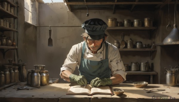 solo,short hair,brown hair,shirt,gloves,1boy,hat,closed mouth,white shirt,upper body,male focus,one eye closed,indoors,apron,book,facial hair,scar,eyepatch,beard,sleeves rolled up,open book,mustache,cooking,shelf,green gloves,kitchen,jar,counter,green apron,looking at viewer,smile,black hair,holding,brown eyes,white hair,virtual youtuber,cup,black headwear,sunlight,bottle,scar on face,bowl,mature male,lamp,manly