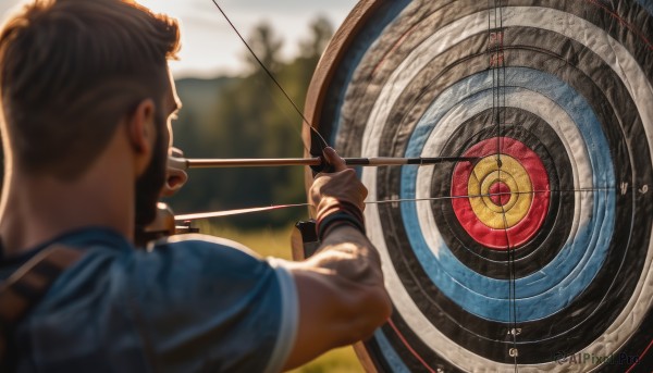 solo,short hair,brown hair,shirt,1boy,holding,upper body,weapon,short sleeves,male focus,outdoors,day,from behind,holding weapon,blurry,depth of field,blurry background,facial hair,blue shirt,beard,bow (weapon),blurry foreground,realistic,mustache,arrow (projectile),holding bow (weapon),aiming,holding arrow,drawing bow,archery,open mouth,gloves,long sleeves,artist name,brown gloves,partially fingerless gloves,yugake,nape,kyuudou