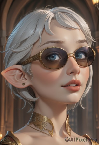 1girl,solo,looking at viewer,blush,smile,short hair,blue eyes,jewelry,collarbone,white hair,earrings,parted lips,glasses,teeth,choker,pointy ears,artist name,indoors,armor,blurry,lips,eyelashes,depth of field,blurry background,piercing,sunglasses,elf,portrait,close-up,freckles,nose,round eyewear,tinted eyewear,yellow-framed eyewear,brown-framed eyewear,aviator sunglasses,grey hair,tattoo,realistic,stud earrings