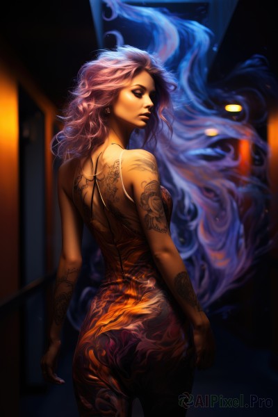 1girl,solo,long hair,breasts,looking at viewer,jewelry,medium breasts,pink hair,ass,nude,cowboy shot,earrings,looking back,from behind,nail polish,lips,sideboob,tattoo,makeup,back,fire,lipstick,dragon,back tattoo,full-body tattoo,closed eyes,glowing,monster,realistic