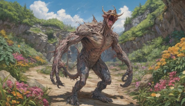 solo,open mouth,standing,tail,full body,flower,outdoors,horns,sky,teeth,day,cloud,tree,blue sky,no humans,muscular,cloudy sky,plant,sharp teeth,nature,scenery,claws,pink flower,forest,monster,rock,yellow flower,fantasy,extra arms,tongue,grass,ruins