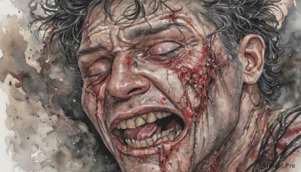 solo,short hair,open mouth,black hair,1boy,closed eyes,male focus,teeth,tongue,blood,scar,portrait,scar on face,veins,injury,blood on face,traditional media,close-up,realistic,painting (medium),manly,watercolor (medium)