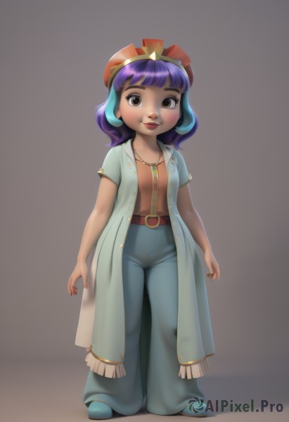 1girl,solo,looking at viewer,smile,short hair,bangs,simple background,shirt,hat,brown eyes,jewelry,closed mouth,blue hair,standing,full body,purple hair,short sleeves,multicolored hair,open clothes,shoes,belt,pants,blunt bangs,grey background,necklace,nail polish,lips,coat,child,personification,blue footwear,blue pants,female child,brown belt,blush,hair ornament,jacket,open jacket,red nails,jeans,arms at sides