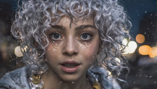 1girl,solo,looking at viewer,smile,short hair,open mouth,jewelry,white hair,grey hair,earrings,parted lips,teeth,artist name,dark skin,grin,blurry,black eyes,dark-skinned female,lips,grey eyes,eyelashes,depth of field,blurry background,wavy hair,messy hair,portrait,snow,close-up,freckles,curly hair,snowing,realistic,nose,bokeh,long hair,wet,watermark,water drop,wet hair