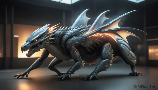 HQ,solo,open mouth,tail,full body,yellow eyes,wings,teeth,indoors,blurry,orange eyes,no humans,glowing,fangs,sharp teeth,glowing eyes,claws,spikes,monster,dragon,scales,dinosaur,kaijuu