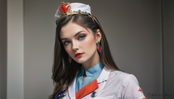 1girl,solo,long hair,looking at viewer,blue eyes,brown hair,black hair,hat,jewelry,jacket,upper body,heart,earrings,parted lips,lips,makeup,white headwear,crown,blue shirt,lipstick,gem,portrait,forehead,realistic,nose,nurse cap,red lips,nurse,red gemstone,bangs,shirt,closed mouth,collared shirt,eyelashes,buttons,white jacket,cross,tiara,eyeshadow,eyeliner,red cross