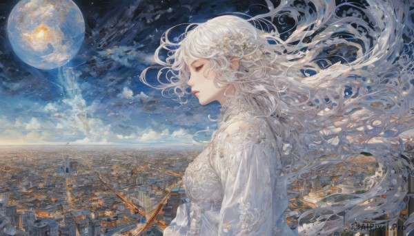 1girl,solo,long hair,breasts,hair ornament,long sleeves,dress,medium breasts,very long hair,closed mouth,closed eyes,upper body,flower,white hair,outdoors,sky,cloud,hair flower,white dress,from side,lips,eyelashes,profile,night,floating hair,wavy hair,moon,cloudy sky,wind,building,star (sky),night sky,scenery,full moon,starry sky,city,cityscape,planet,city lights,blue sky,fantasy,horizon,surreal