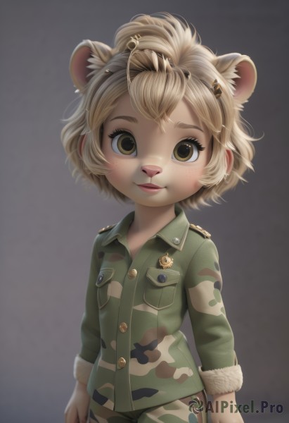 1girl,solo,looking at viewer,smile,short hair,blonde hair,simple background,hair ornament,long sleeves,animal ears,brown eyes,closed mouth,yellow eyes,cowboy shot,hairband,hairclip,pants,grey background,uniform,fur trim,military,military uniform,buttons,child,furry,freckles,green shirt,furry female,female child,camouflage,shirt,lips,extra ears