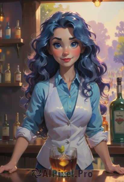 1girl,solo,long hair,breasts,looking at viewer,blush,smile,blue eyes,shirt,black hair,long sleeves,closed mouth,blue hair,standing,upper body,small breasts,collared shirt,pants,artist name,indoors,signature,vest,tree,cup,lips,eyelashes,window,dress shirt,makeup,buttons,fruit,leaf,watermark,wavy hair,sunlight,thick eyebrows,bottle,blue shirt,wing collar,lipstick,web address,alcohol,sleeves rolled up,drinking glass,backlighting,curly hair,ice,nose,red lips,glass,lamp,blue vest,shelf,waistcoat,wine bottle,mascara,white vest,bar (place),ice cube,counter,lemon slice,bartender,whiskey,medium breasts,plant,drink