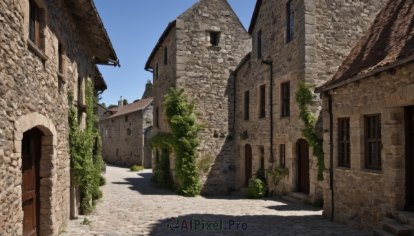 outdoors,sky,day,tree,blue sky,no humans,window,shadow,plant,building,scenery,door,road,wall,ruins,house,cloud,bush,street,town,arch,pavement,stone wall