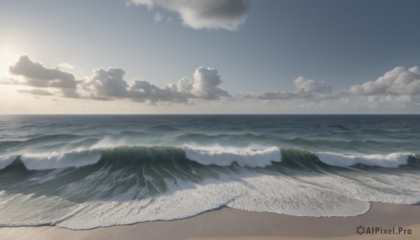 monochrome,outdoors,sky,day,cloud,water,blue sky,no humans,ocean,beach,cloudy sky,scenery,mountain,sand,sun,horizon,waves,shore,sunlight