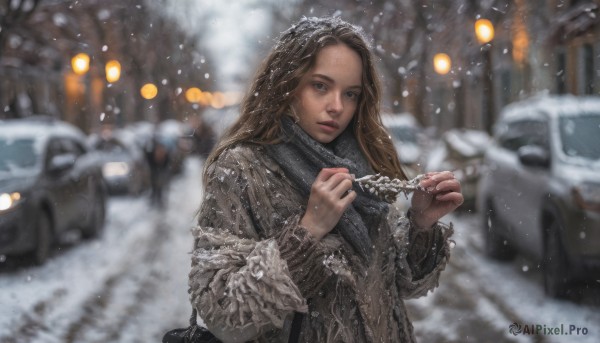 1girl, solo, long hair, looking at viewer, blue eyes, brown hair, jewelry, outdoors, necklace, bag, scarf, blurry, lips, tiara, ground vehicle, motor vehicle, snow, freckles, snowing, realistic, winter clothes, car, winter