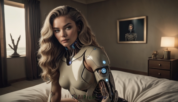 1girl,solo,long hair,breasts,looking at viewer,blonde hair,brown hair,brown eyes,upper body,small breasts,indoors,dark skin,dark-skinned female,lips,window,bodysuit,bed,on bed,wavy hair,curtains,science fiction,curly hair,realistic,nose,lamp,mechanical arms,photo (object),cyborg,single mechanical arm,prosthesis,amputee,picture frame,painting (object),mechanical parts,portrait (object),blue eyes,jewelry,medium breasts,earrings,android