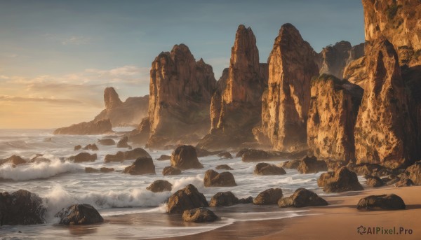 outdoors,sky,day,cloud,water,blue sky,no humans,ocean,beach,cloudy sky,scenery,sunset,rock,mountain,sand,horizon,shore,landscape,desert