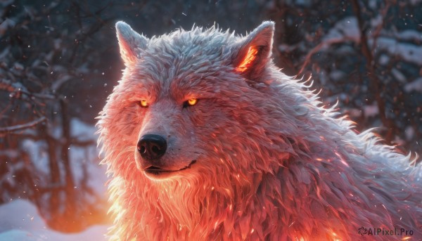 solo, looking at viewer, closed mouth, yellow eyes, outdoors, blurry, tree, no humans, blurry background, animal, glowing eyes, snow, realistic, animal focus, bare tree, wolf