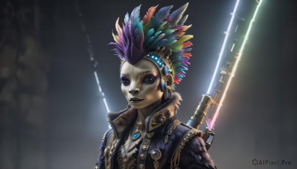 solo,looking at viewer,hair ornament,1boy,brown eyes,jewelry,upper body,weapon,purple hair,male focus,sword,necklace,vest,lips,makeup,feathers,feather hair ornament,black lips,1girl,blue eyes,simple background,blue hair,multicolored hair,earrings,parted lips,blurry,fur trim,eyelashes,piercing,lipstick,gem,eyeshadow,headdress,facepaint,rainbow hair