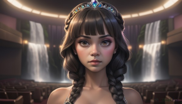 1girl,solo,long hair,looking at viewer,blush,bangs,brown hair,black hair,bare shoulders,brown eyes,jewelry,closed mouth,collarbone,upper body,braid,earrings,indoors,blunt bangs,water,blurry,twin braids,lips,depth of field,blurry background,tiara,gem,portrait,hair over shoulder,freckles,realistic,nose,stud earrings,waterfall,artist name,eyelashes,crown