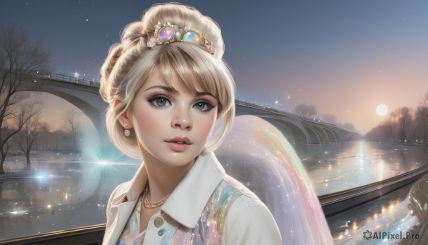 1girl,solo,long hair,looking at viewer,bangs,blue eyes,blonde hair,dress,jewelry,upper body,braid,earrings,outdoors,parted lips,sky,water,necklace,hair bun,tree,lips,eyelashes,sparkle,night,watermark,moon,single hair bun,tiara,gem,star (sky),lens flare,reflection,realistic,sun,bridge,bare tree,river,lake,princess,shirt,wings,makeup,sunset,pearl necklace