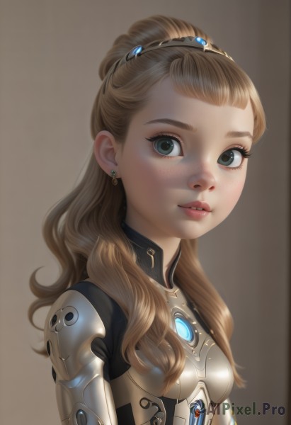 1girl,solo,long hair,looking at viewer,blue eyes,simple background,brown hair,jewelry,upper body,earrings,small breasts,parted lips,armor,lips,eyelashes,bodysuit,makeup,freckles,brown background,science fiction,nose,cyborg,breasts,bangs,hair ornament,ponytail,teeth,realistic,hair pulled back