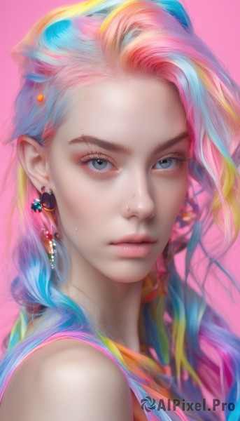 1girl,solo,long hair,looking at viewer,blue eyes,simple background,bare shoulders,jewelry,closed mouth,blue hair,upper body,pink hair,multicolored hair,earrings,sleeveless,two-tone hair,lips,grey eyes,eyelashes,sleeveless shirt,makeup,piercing,pink background,ear piercing,portrait,eyeshadow,freckles,realistic,nose,colorful,mascara,rainbow hair,blonde hair,artist name,mole,watermark,web address,mole on cheek