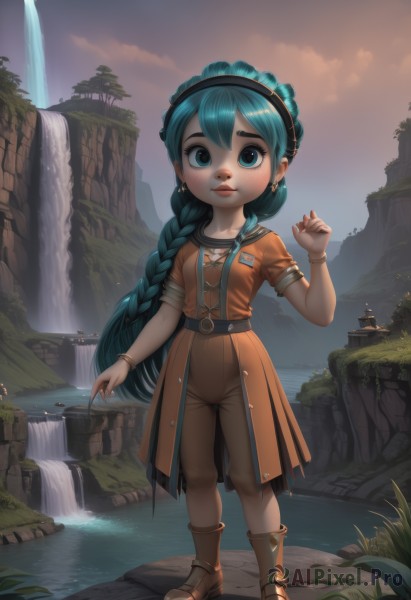 1girl,solo,long hair,looking at viewer,blue eyes,dress,jewelry,blue hair,full body,braid,earrings,boots,outdoors,sky,belt,cloud,water,bracelet,aqua hair,brown footwear,grass,child,mountain,fantasy,female child,river,waterfall,very long hair,hairband,green hair,artist name,single braid