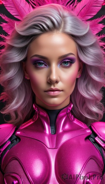 1girl,solo,long hair,breasts,looking at viewer,blue eyes,jewelry,medium breasts,closed mouth,green eyes,upper body,white hair,grey hair,earrings,shiny,lips,eyelashes,bodysuit,makeup,wavy hair,feathers,lipstick,portrait,breasts apart,skin tight,eyeshadow,curly hair,shiny clothes,realistic,nose,eyeliner,feather hair ornament,latex,mascara,pink bodysuit,impossible bodysuit,blonde hair,hair ornament,artist name,signature,expressionless,pink background,pink lips