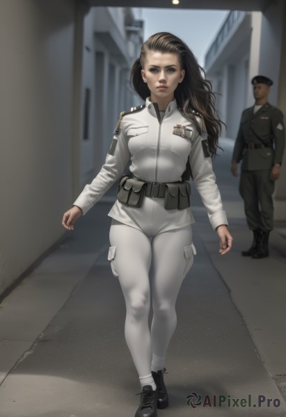 1girl,long hair,breasts,looking at viewer,brown hair,black hair,long sleeves,1boy,hat,brown eyes,medium breasts,jacket,full body,thighs,boots,outdoors,shoes,solo focus,belt,pants,dark skin,black footwear,blurry,uniform,lips,military,bodysuit,military uniform,shadow,beret,thick thighs,white jacket,building,wide hips,walking,black belt,pouch,realistic,white pants,grey pants,police,street,soldier