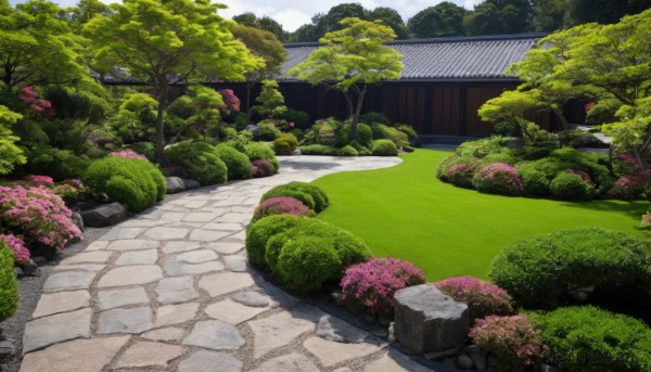 outdoors,sky,day,cloud,tree,blue sky,no humans,grass,cherry blossoms,building,nature,scenery,forest,rock,road,bush,wall,architecture,east asian architecture,path,traditional media,plant,stone,pond,garden